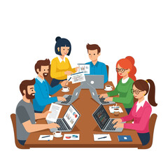 Dynamic diverse team collaborates on laptops in modern office meeting, brainstorming ideas and analyzing data for project success