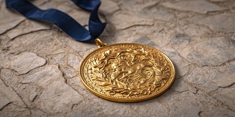 Golden Medal with Blue Ribbon Resting on Stone Surface