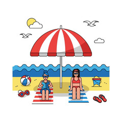 Two women relax under a beach umbrella with books, sunglasses, and beach toys, enjoying a sunny day by the ocean waves.