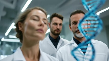 Scientists examining holographic DNA model and genetic data visualization in futuristic research lab DNA structure, genetic data, molecular biology - Powered by Adobe