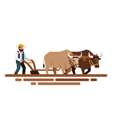 Farmer guiding oxen plowing field showcasing traditional agriculture and rural life in a vibrant, timeless scene