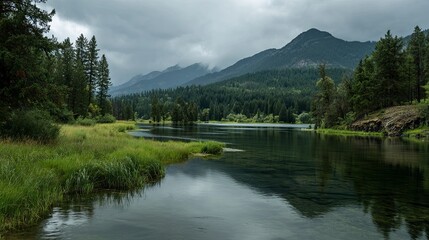 Serene Mountain Lake Scene with Green Forest and Cloudy Sky