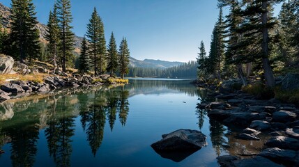 Serene Mountain Lake Surrounded by Tall Pine Trees and Rocky Shoreline Under Clear Blue Sky