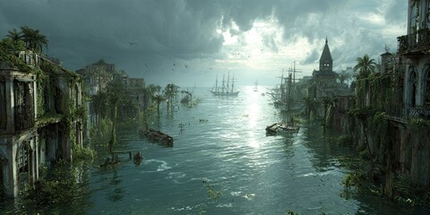 Post-apocalyptic Flooded Cityscape with Overgrown Buildings and Stormy Sky