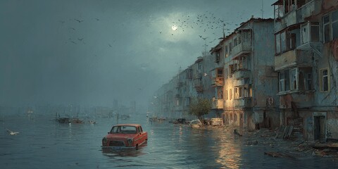 Eerie Urban Flood Scene with Old Apartment Buildings and Flooded Car Under Moonlight