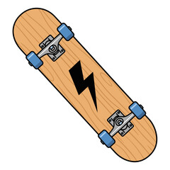 Dynamic lightning bolt graphic emblazoned on a cool wooden skateboard, ready for urban adventures and street style.