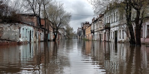 Flooded Urban Street with Old Buildings and Leafless Trees Under Cloudy Sky