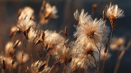 Dried Fluffy Cotton Plants with Backlit Soft Glowing Seed Heads in Natural Outdoor Setting