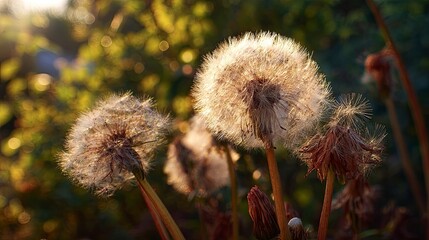 Dandelions in Sunlight with Backlit Effect in Natural Garden Setting