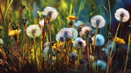 Dandelions and Yellow Flowers in Sunlight on Grassy Field with Vibrant Colors and Natural Lighting