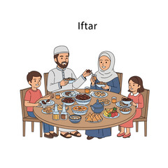 Joyful Muslim family shares a delicious Iftar meal, breaking fast together with love and tradition during Ramadan