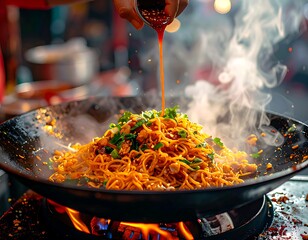 Chef's hand pouring vibrant sauce over steaming stir-fried noodles in a sizzling hot wok with visible flames, capturing the dynamic essence of a flavorful Asian street food cooking process