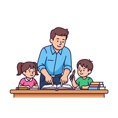 Engaged teacher guiding two attentive children through lessons at a desk filled with books, fostering a love for learning and academic growth.