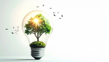 Transparent light bulb containing miniature forest with sunlit trees and grassy terrain