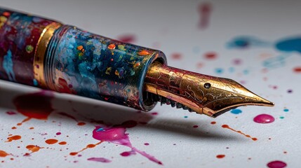 Artistic Fountain Pen with Colorful Ink and Paint Splashes on White Paper