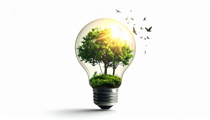Transparent light bulb containing miniature forest with sunlit trees and grassy terrain