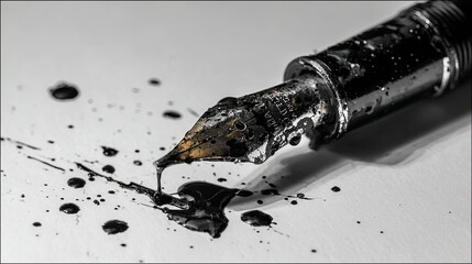 Close Up Black Fountain Pen Nib Writing with Ink Blots on White Paper