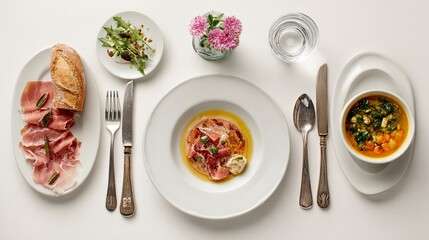 Elegant Gourmet Meal with Sliced Ham Salad Soup and Water Glass on White Table