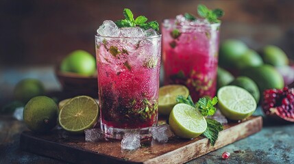 Refreshing Pink Mojito Cocktails with Lime and Mint on Wooden Board