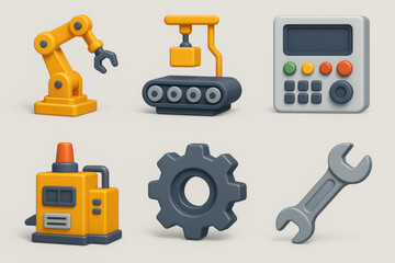 Fototapeta premium 3D Industrial Robotics Icons. Industrial robotics set icons in 3D color style: robotic arm, conveyor belt, control panel, gear, factory machine,