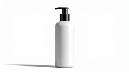 Minimalist white cylindrical bottle with black pump dispenser—standing upright against plain white background