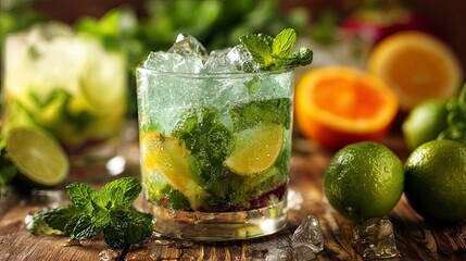 Refreshing Mojito Cocktail with Fresh Mint and Lime in a Glass on Rustic Wooden Surface