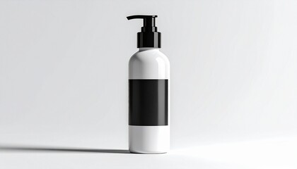 Minimalist white cylindrical bottle with black pump dispenser—standing upright against plain white background
