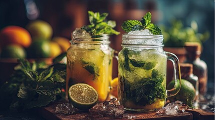 Fresh Mint Lemonade in Mason Jars with Ice and Lime on Rustic Wooden Surface