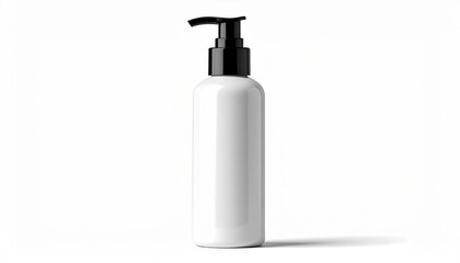 Minimalist white cylindrical bottle with black pump dispenser—standing upright against plain white background