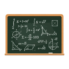 Complex mathematical formulas and geometric shapes vividly drawn on a classic green chalkboard for educational or scientific themes