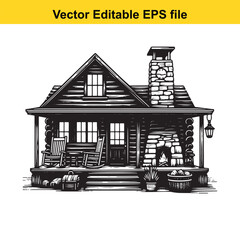 Vector art of a rustic log cabin with a stone chimney, rocking chairs on the porch, and various outdoor elements