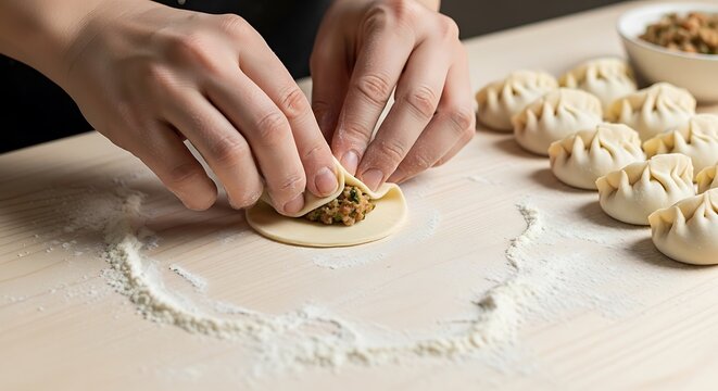 Hands crafting dumplings on a floured surface, close-up shot.