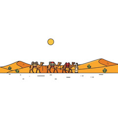Caravan of camels trekking across vast desert landscape under bright sun, evoking adventure and ancient journeys