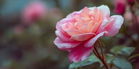 Pink Rose Flower Blooming in Garden with Dew Drops