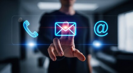 Person touching a holographic screen with contact icons