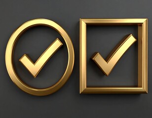 Two golden checkmarks in different frames on a dark gray background
