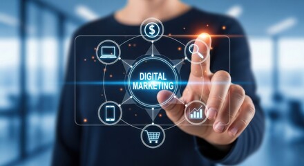 Hand touching digital marketing interface on screen