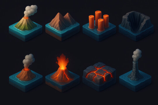 Underwater Volcano Icons. Underwater volcanoes set icons in 3D color style: volcanic island formation, seamount ridge, lava columns, ocean trench,