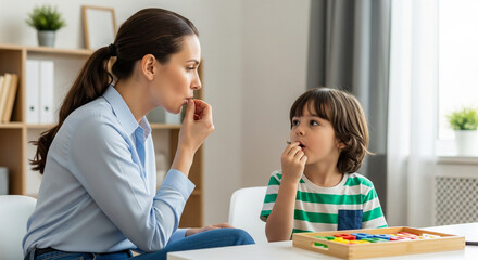 Speech therapist helping cute young boy with articulation therapy to improve communication skills and speech development in modern setting