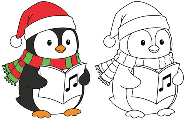 Cute Cartoon Penguin with Santa Hat and Scarf Singing Christmas Carols, Coloring Page Included