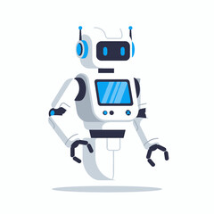 Friendly futuristic robot assistant with a cheerful screen display offers helpful service, embracing innovation and modern technology
