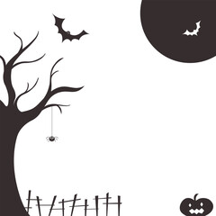 Halloween black silhouette tree bats and spider cut out of paper. Cute spooky vertical transparent templates with copy space.