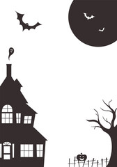 Halloween black silhouette haunted house bats and ghost cut out of paper. Cute spooky vertical transparent templates with copy space.
