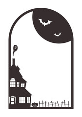 Halloween black silhouette arch with haunted house bats and ghost cut out of paper. Cute spooky vertical transparent templates with copy space.