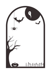 Halloween black silhouette arch with tree bats and ghost cut out of paper. Cute spooky vertical transparent template with copy space.