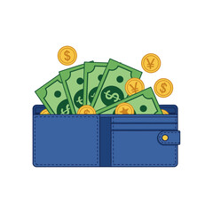 Overflowing blue wallet bursting with green dollar bills and shiny gold coins signifies financial abundance and prosperity for your business projects.