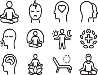 Mindfulness and Wellness Icon Set include, Meditation Practice, Stress Reduction, Mental Health, Self-Awareness, Breathing Exercises, Present Moment etc.