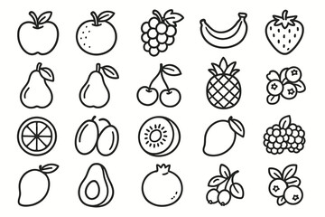 Set of 20 simple fruit icons in black outline style