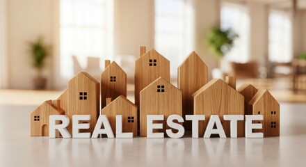 Wooden house models and real estate letters on a bright background indoors