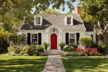 Inviting home with white siding, black shutters, and red front door on a sunny afternoon in Summer